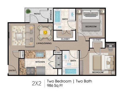 Floor plan for 2 beds, 2 baths, 985 sqft